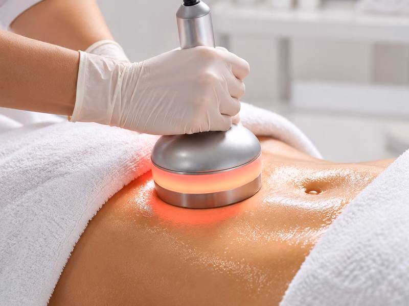 A cavitation handpiece being used on a client’s abdomen