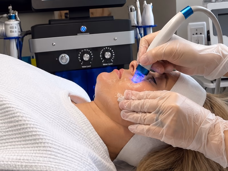 A practitioner using a Hydrafacial handpiece on a client’s face