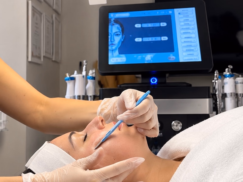 A practitioner performing dermaplaning on a client’s cheek